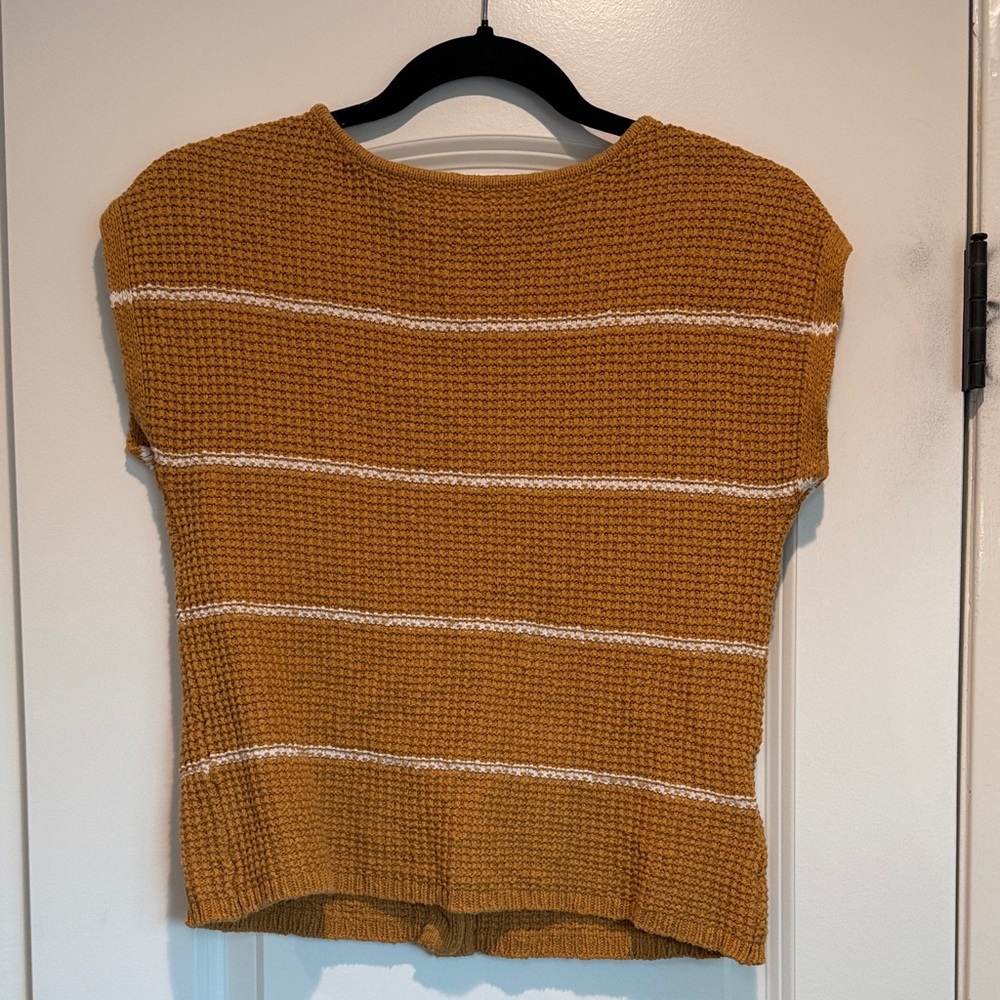 Mustard Knit Top with White Stripes and a Buttoned back
